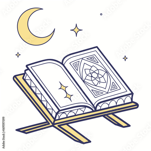 Open Holy Book On Stand With Moon And Stars On White Background Keywords: open book, holy book, religious