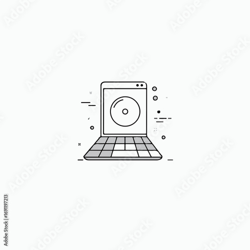 Modern laptop displaying a digital disc icon, symbolizing data storage and online media access for creative professionals and tech enthusiasts.