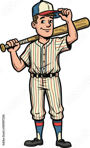 Classic baseball player cartoon, striped uniform, holding bat, confident pose, flat vector, cad drawing, stock image, sports theme