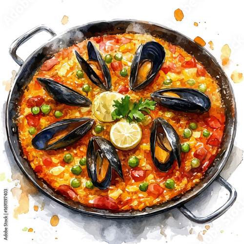 Paella, watercolor clipart vector, isolated on a white background.