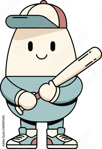 Egg-shaped cartoon character in baseball uniform, holding bat, playful sports mascot, flat vector, cad drawing, stock image, fun theme