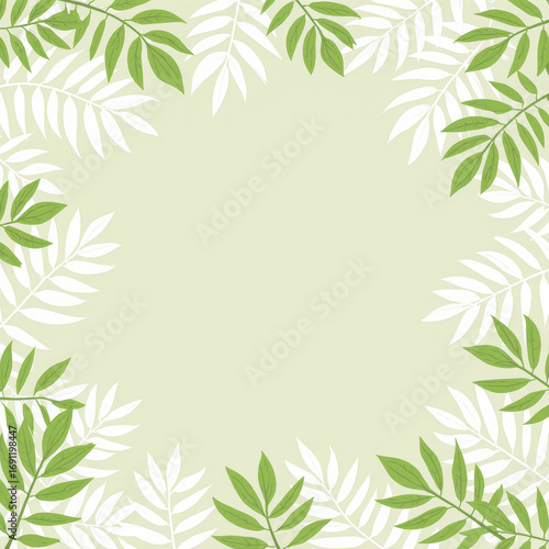 Green and white leaves on pastel background.