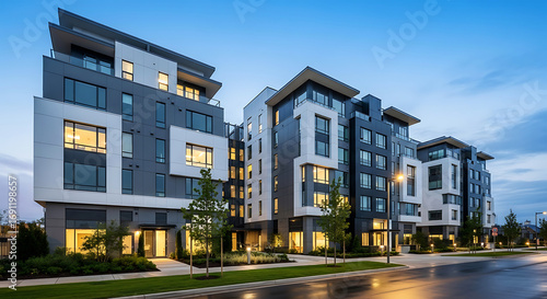 Modern urban townhouse architecture with warm interior lighting at dusk