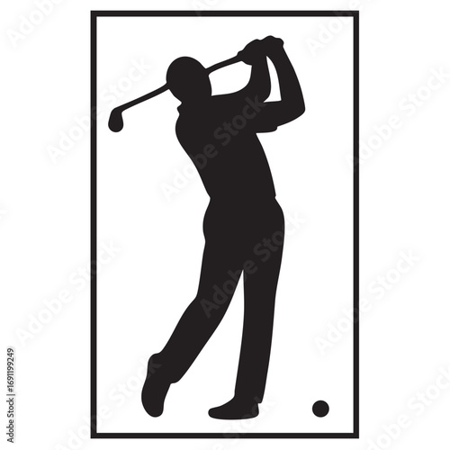 Silhouette of a male golfer in mid swing with club raised preparing to hit a golf ball on a white background