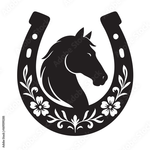 Elegant silhouette of a horse head within a decorative horseshoe adorned with floral embellishments