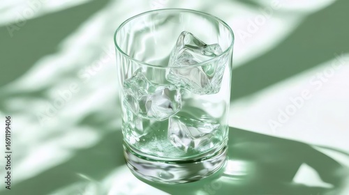 Wallpaper Mural Clear Glass Filled with Ice Cubes on a Light Green Surface with Shadows Torontodigital.ca