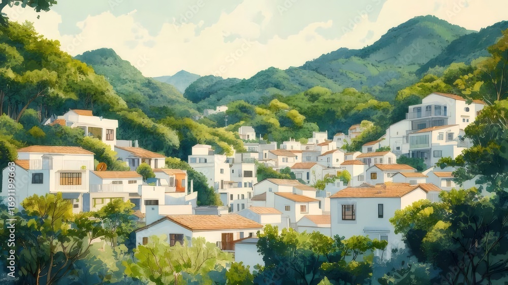 Obraz premium White Village Houses with Red Tile Roofs Amidst Green Trees and Hills in Daytime