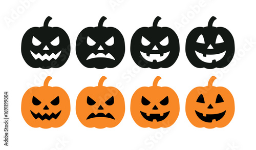 Halloween pumpkin faces spooky funny expressions black orange isolated. Pumpkin scary smile emotion