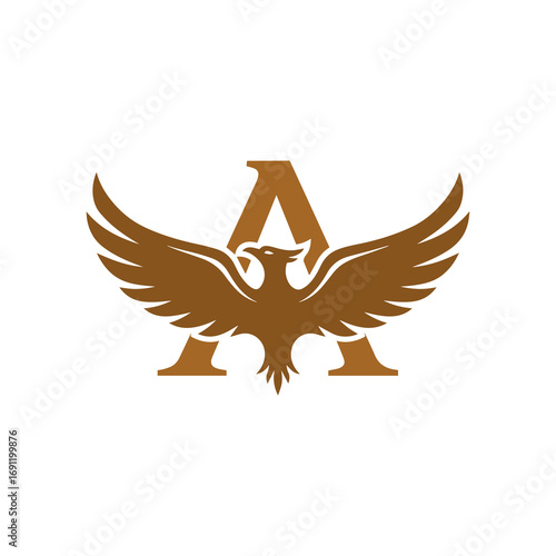A powerful and classic logo featuring a symmetrical phoenix with wings spread wide in front of the letter 'A.' Ideal for timeless brands that symbolize strength and endurance.