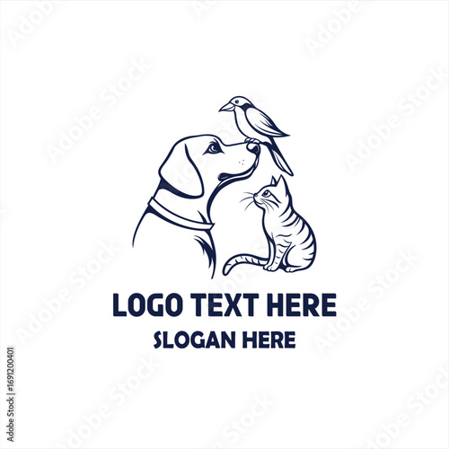 Pet Care Logo with Dog, Cat, and Bird Illustration