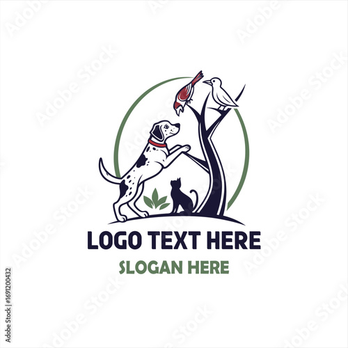 Pet Care Logo with Dog, Cat, and Bird Illustration
