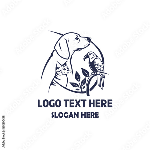 Pet Care Logo with Dog, Cat, and Bird Illustration