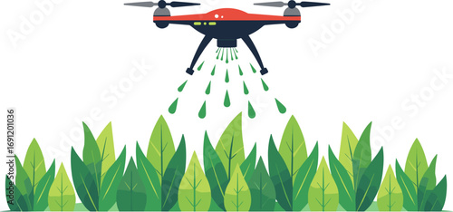 Illustration of a drone spraying plants with pesticides in a field, vibrant colors, copy space