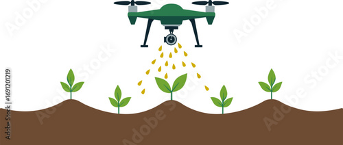 Illustration of a drone observing plants in a field and fertilizing them , innovative technology, copy space