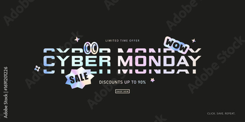 Trendy Y2K-style Cyber Monday banner featuring deconstructed glitch typography and holographic stickers on a dark background. This playful and edgy design is perfect for engaging social media