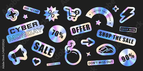 Collection of holographic stickers for Cyber Monday with various e-commerce icons such as shopping cart, computer mouse and megaphone. Futuristic set of labels is perfect for online sales promotion