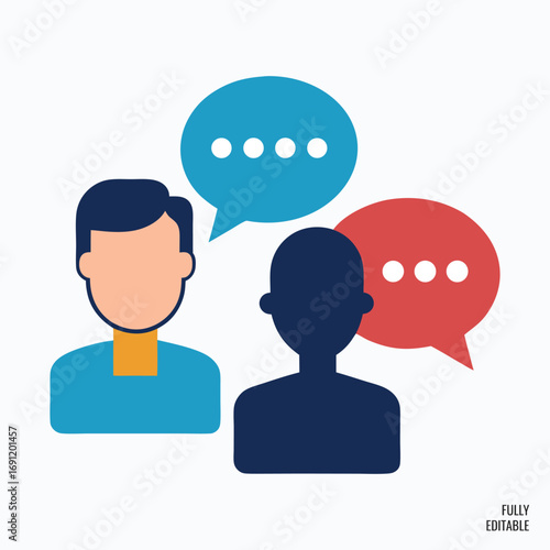 Vector art of two people communicating with speech bubbles, representing conversation and discussion.