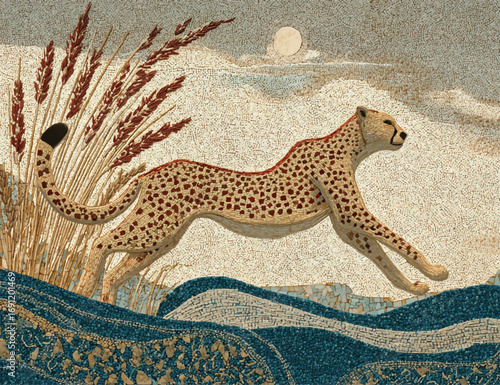 Mosaic artwork of a cheetah running through grasslands under moonlight stunning handcrafted animal art illustration