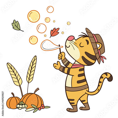 Creative SVG: Bashful Tiger with blowing bubbles in a Harvest Blessings colored Thanksgiving theme