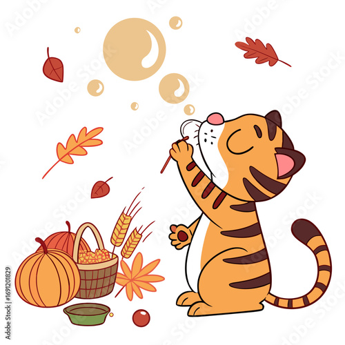 Harvest Blessings colored Tiger with a Loving touch, placed in a Thanksgiving theme and styled with blowing bubbles