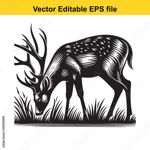 Black and white illustration of a deer with large antlers grazing in grass
