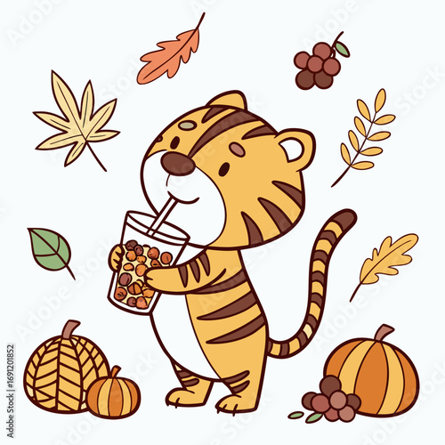 Vector illustration of a Content Tiger with with a bubble tea, styled in a Thanksgiving theme using Harvest Blessings colors