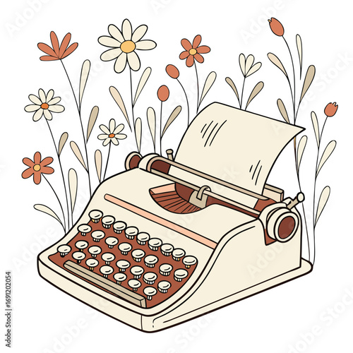 Vintage typewriter surrounded by blooming flowers and plants in soft colors retro writing