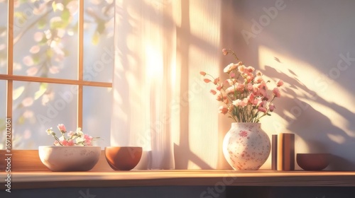 木製の窓辺に花瓶とティーカップを置いた穏やかな朝陽の室内静物