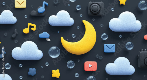 Nighttime Social Media Icons and Yellow Moon Digital Illustration Background for Website Banner or Presentation