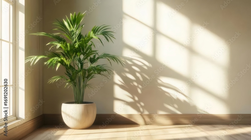 Fototapeta premium 窓際の観葉植物と差し込む光が印象的な明るい室内