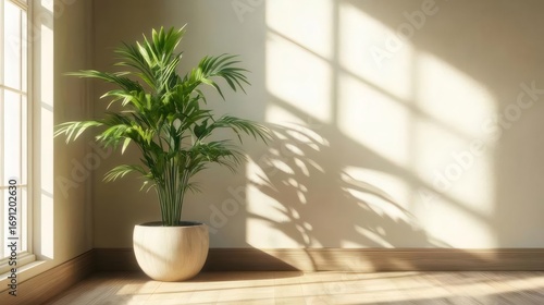 窓際の観葉植物と差し込む光が印象的な明るい室内