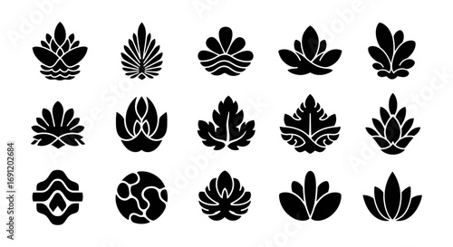 Set of abstract vector nature symbols and floral logo elements. A modern collection of 20 black plant and lotus icons for ai.