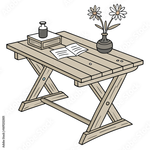 Wooden picnic table with open book vase of flowers and bottle wooden table outdoor furniture