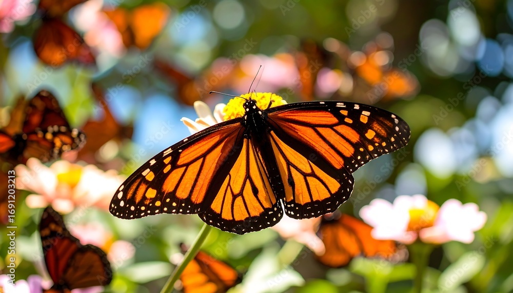 Naklejka premium Monarch butterfly on a flower, surrounded by other butterflies