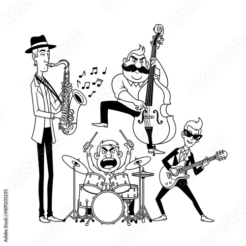 Black and White Cartoon Band Playing Instruments