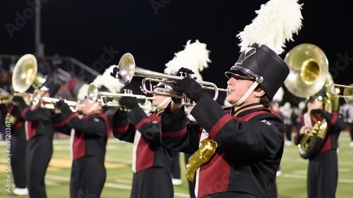 Energetic Marching Band Brass Section Performing Live Under Bright Stadium Lights at Night