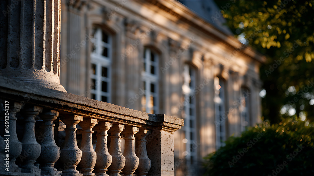Fototapeta premium A close-up showcases the decorative stone balustrade of an ornate building, illuminated by a warm, golden light, contrasting with lush greenery.