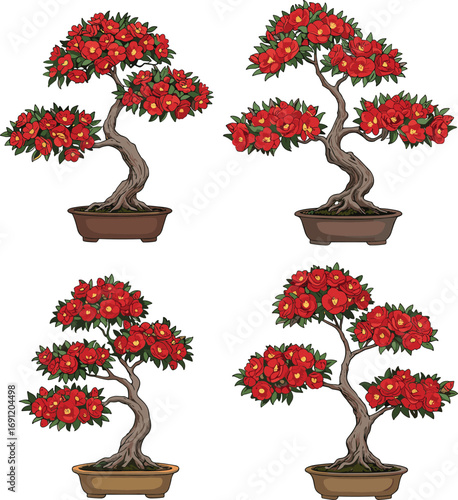 Bonsai trees with red flowers, twisted trunk potted plants, ornamental miniature tree collection, botanical garden decor, floral nature art, isolated white background