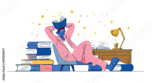 Relaxed Man Reading a Book at Home Surrounded by Books with Stars Glowing Around Illustration