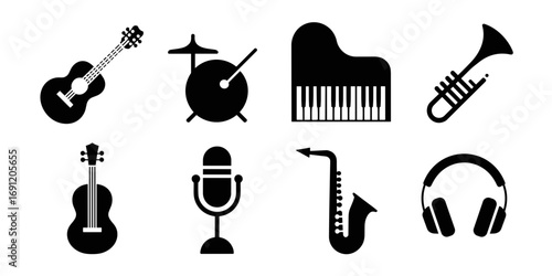 Music instruments vector set acoustic guitar drums piano trumpet microphone violin saxophone headphones icon