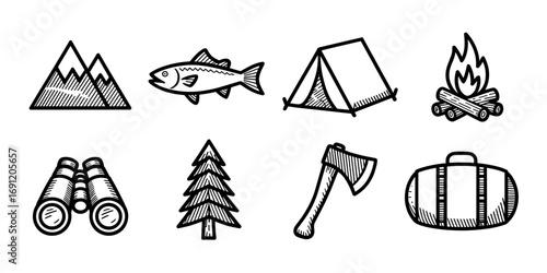 A set of camping icons including mountains, fish, tent, campfire, binoculars, tree, axe, and bag, perfect for outdoor adventures and nature exploration.