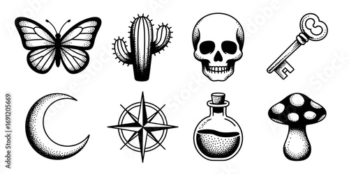 A black vector sheet of a butterfly, a cactus, a skull, a key, a moon, a compass, a potion bottle, and a mushroom, perfect for tattoo design and art projects.