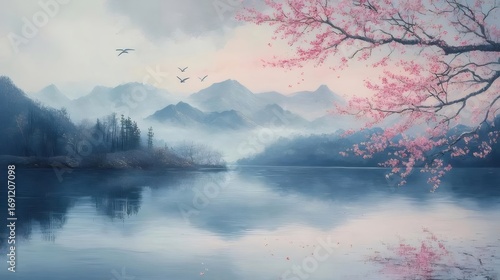 水面に映る桜の枝と霧がかった山の静かな風景 春の日本の淡いピンクと青の色調