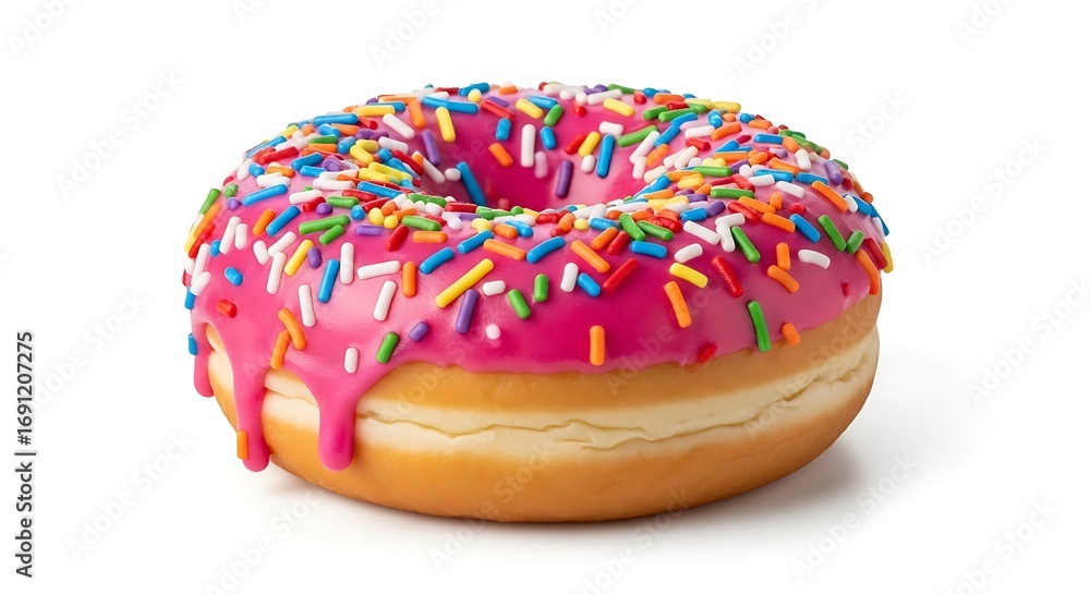 Pink Donut with Colorful Sprinkles Isolated on White
