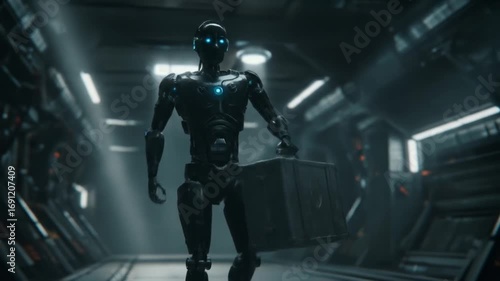 Futuristic Robot Transports Crate in Metallic Corridor: Automation and Technology Concept