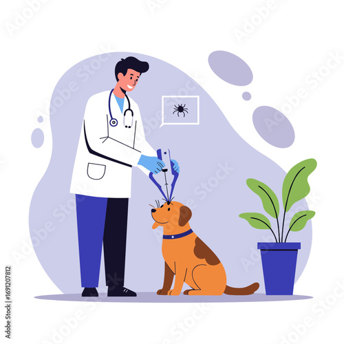 Illustration of a male vet examining a dog using a stethoscope in a clinical environment, symbolizing pet health care.
