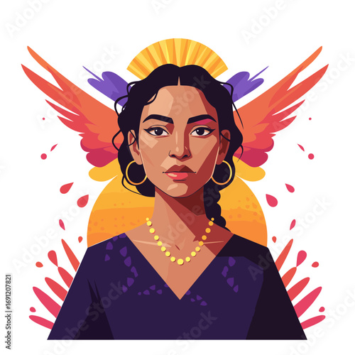 Young Latina woman with earrings and necklace against colorful wings backdrop  