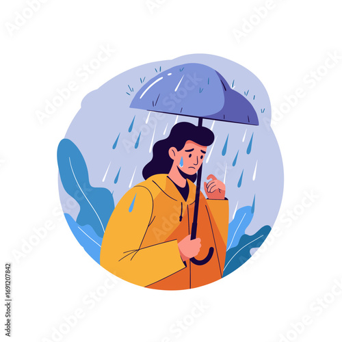 Young woman holding umbrella while walking in the rain outdoors  