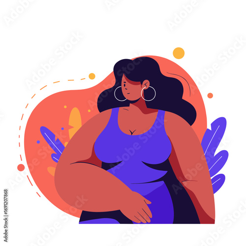 Cartoon illustration of a confident woman in bold colors, with abstract shapes behind her, representing empowerment or self-expression.
