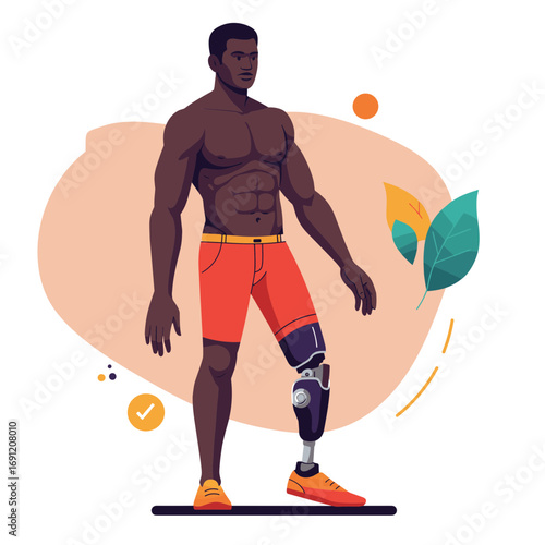 Athletic black man walking with prosthetic leg in minimalist style  